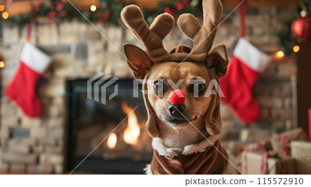 A small, brown dog is dressed up in a reindeer costume with antlers and a red nose A small, brown dog is dressed up in a reindeer costume with antlers and a red nose 115572910
