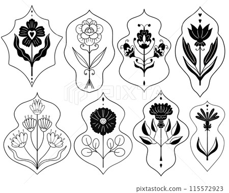 Vintage linocut flowers set decorative stylized black and white flower. Doodle style, graphic for poster. Ornamental cute line drawing. doodle, sketch hand drawn vector illustrations. 115572923