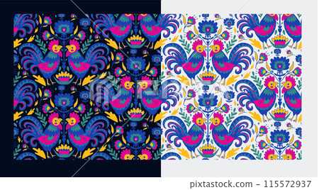 Polish folk art seamless embroidery pattern with flower. floral embroidery ornament with cocks - traditional folk seamless pattern. Vector set  115572937