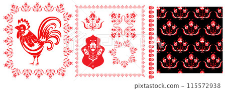 Polish folk art seamless embroidery pattern with flower. Red floral embroidery ornament with cocks - traditional folk seamless pattern. Vector set  115572938