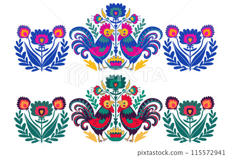 Polish folk art embroidery ornament with cocks - traditional folk floral. Vector illustration 115572941