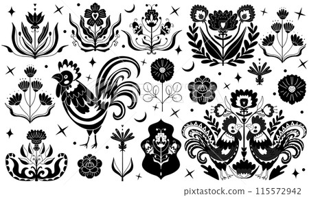 black and white linocut inc folk set. Flower, roosters. Folk art, linocut style. Vintage decorative ornament elements for your design. Vector hand draw illustration. 115572942