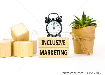 Inclusive marketing symbol. Concept words Inclusive marketing on wooden blocks. Beautiful white table white background. Black alarm clock. Business inclusive marketing concept. Copy space. 115573033