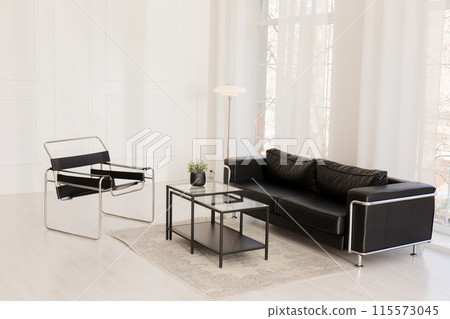 A bright room with large windows and modern furniture A bright room with large windows and modern furniture 115573045