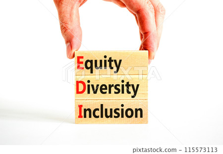 EDI equity diversity inclusion symbol. Concept words EDI equity diversity inclusion on wooden blocks. Beautiful white background. Business EDI equity diversity inclusion concept. Copy space. 115573113