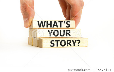 Storytelling and what is your story symbol. Concept words What is your story on blocks. Beautiful white background. Businessman hand. Business storytelling and what is your story concept. Copy space. 115573124