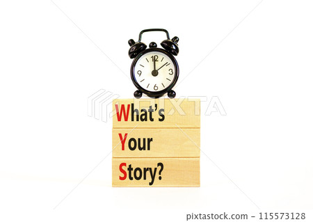 Storytelling and what is your story symbol. Concept words What is your story on beautiful wooden blocks. Beautiful white background. Business storytelling what is your story concept. Copy space 115573128