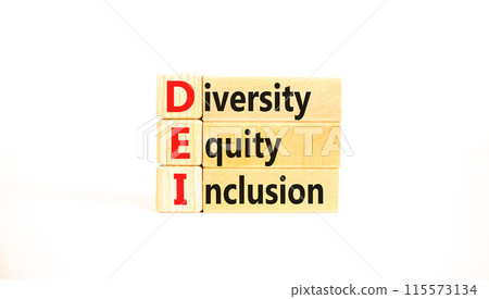 DEI diversity equity and inclusion symbol. Concept words DEI diversity equity inclusion on blocks on beautiful white background. Business DEI diversity equity and inclusion concept. Copy space. 115573134