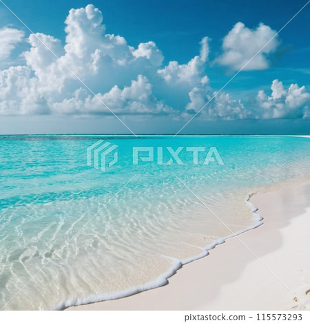 Breathtaking view of pristine white sand beach in Maldives. Turquoise waters of Indian Ocean lap gently at shore, creating serene idyllic scene. Sky is vibrant blue, dotted with fluffy white clouds. 115573293