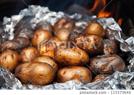 Baked potatoes in foil on the fire Baked potatoes in foil on the fire 115573648