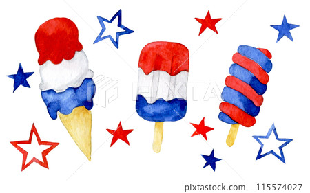 set of ice creams and stars and elements for American Independence Day. watercolor drawing 115574027