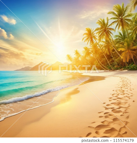 Serene beach scene with gentle waves, sandy shoreline, and palm trees casting shadows. The bright colors and soft brushstrokes create peaceful atmosphere. Generated AI. Sunny beach holidays travel 115574179