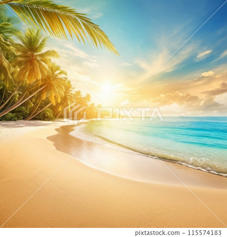 Serene beach scene with gentle waves, sandy shoreline, and palm trees casting shadows. The bright colors and soft brushstrokes create peaceful atmosphere. Generated AI. Sunny beach holidays travel 115574183