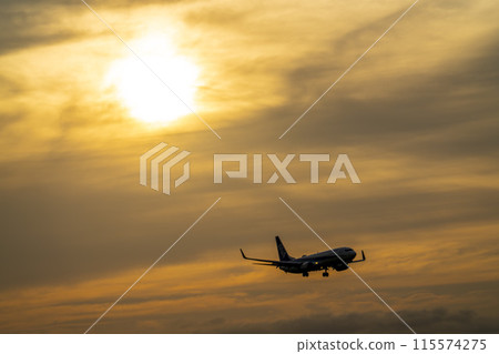 黃昏時分的仙台機場，飛機降落，宮城縣名取市 115574275