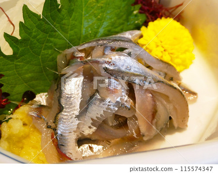 口感清爽的瀨戶內海和廣島特產。小沙丁魚刺身照片 口感清爽的瀨戶內海和廣島特產。小沙丁魚刺身照片 115574347