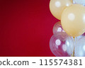 Light balloons - white, beige, transparent, pearl on a red background. Horizontal photo. Space for text 115574381