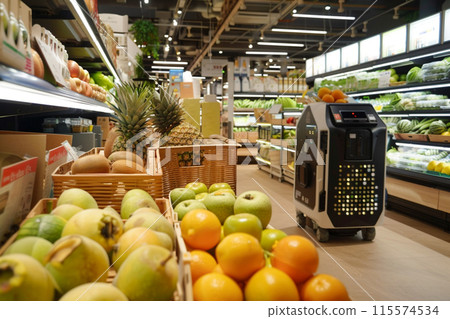 Robot transporting fruit in a supermarket_1 115574534