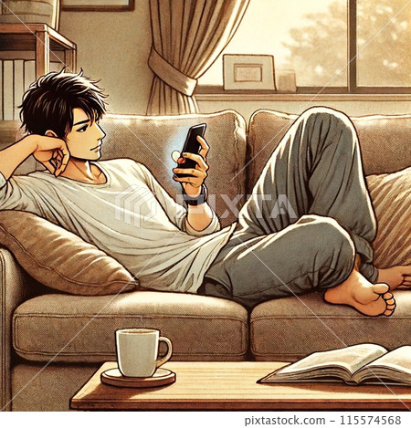 男人坐在沙發上滾動智慧型手機 115574568