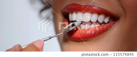 A closeup view of a womans mouth with a mirror inside it A closeup view of a womans mouth with a mirror inside it 115574845