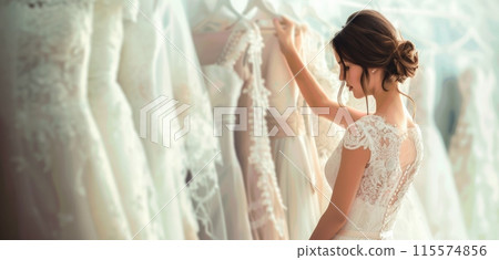 A bride in front of a line of wedding dresses with different styles 115574856