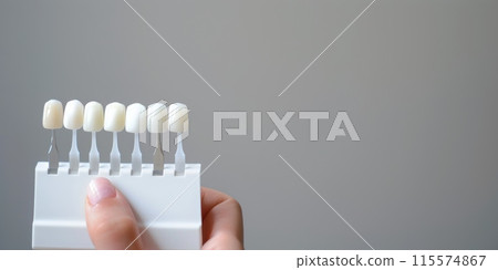 Person holding tooth color chart to match teeth shade, space for text 115574867