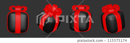 3d gift boxes set with red ribbon bow isolated on a white background. 3d render flying modern holiday closed surprise box. 3d gift boxes set with red ribbon bow isolated on a white background. 3d render flying modern holiday closed surprise box. 115575174