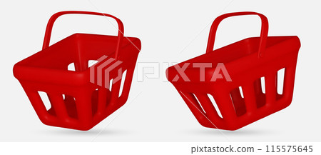 Set of 3d realistic red plastic shopping cart isolated on white background. Vector illustration 115575645
