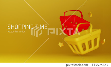 Cartoon shopping basket with percent sign . Minimal style grocery shopping cart. 3D render illustration Cartoon shopping basket with percent sign . Minimal style grocery shopping cart. 3D render illustration 115575647
