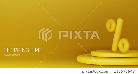 Sale background. 3D yellow podium. Discount percent. Shopping offer. Shop promotion. Empty cylinder pedestal. Vector banner design Sale background. 3D yellow podium. Discount percent. Shopping offer. Shop promotion. Empty cylinder pedestal. Vector banner design 115575648