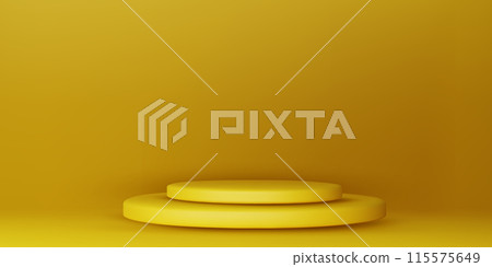Yellow podium mockup. Studio showroom pedestal, fashion showcase mock up scene or exhibition gallery display 3d vector podiums. 115575649