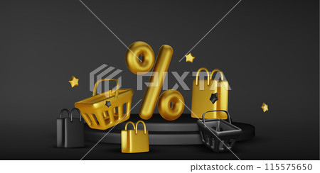 3d basket shopping with price tags for online shopping and supermarket concept. 3d basket products icon and promotion tag. Shopping bag for buy, sale, discount. 3d vector icon illustration 115575650