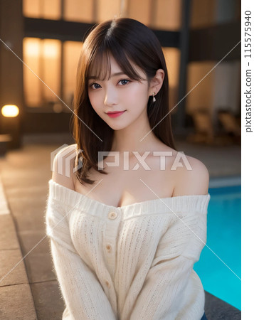 一個長髮女子在泳池裡溫柔地微笑 115575940