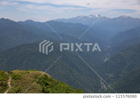 [Ono City, Fukui Prefecture, June] Mt. Arashiyama. View from near the Mochigabe wall of Mt. Arashiyama. The Hakusan mountain range is in the far right. 115576090