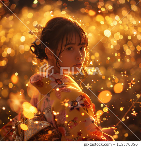 Japanese woman watching fireflies Japanese woman watching fireflies 115576350