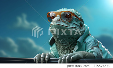 Funny Chameleon abstracted on the blue background while wearing glasses AI generated 115576540