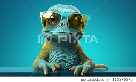 Cute Chameleon abstracted on the blue background while wearing glasses AI generated 115576573