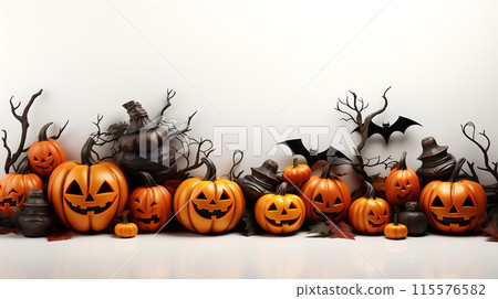 Halloween decorations with pumpkins lanterns witch and bats on white background AI Generated 115576582