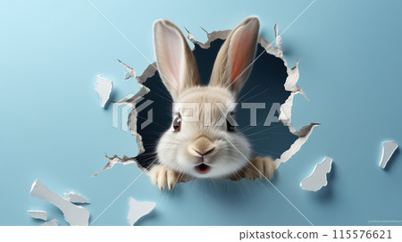 Little Easter bunny or rabbit Looking through blue paper hole AI Generated 115576621