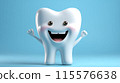 3D Smiling tooth with hands Funny Concept dental Cartoon character on blue background AI Generated 115576638