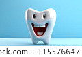 3D Smiling Healthy tooth Funny Concept dental Cartoon character on blue background AI Generated 115576647