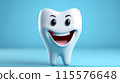 3D Smiling Healthy tooth face Funny dental Cartoon character on blue background AI Generated 115576648