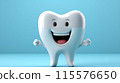 3D Smiling tooth with hands Funny Concept dental mascot character on blue background AI Generated 115576650