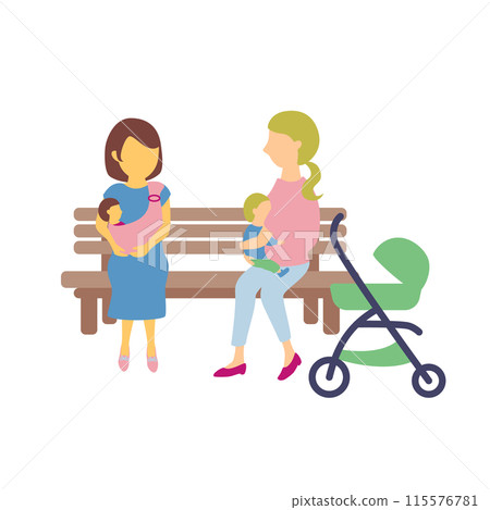 Illustration of mothers with babies having a friendly conversation on a bench Illustration of mothers with babies having a friendly conversation on a bench 115576781