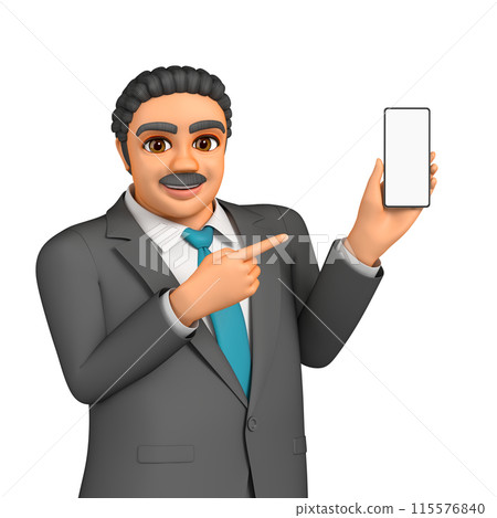 A fat businessman is operating a smartphone 115576840