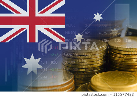 Australia flag with stock market finance, economy trend graph digital technology. 115577488
