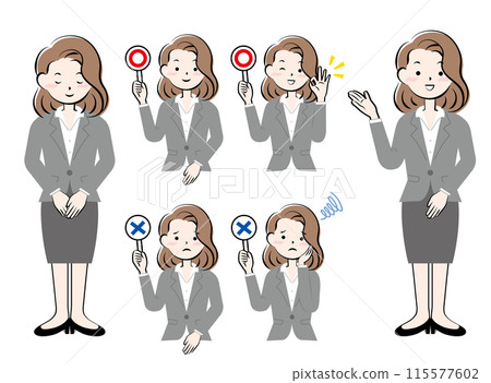 Set of women in suits bowing, guidance, yes or no Set of women in suits bowing, guidance, yes or no 115577602