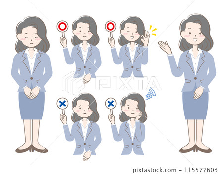 Set of women in suits bowing, guidance, yes or no Set of women in suits bowing, guidance, yes or no 115577603