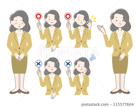 Set of women in suits bowing, guidance, yes or no Set of women in suits bowing, guidance, yes or no 115577604