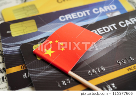 China flag on credit card, finance economy trading shopping online business. China flag on credit card, finance economy trading shopping online business. 115577606