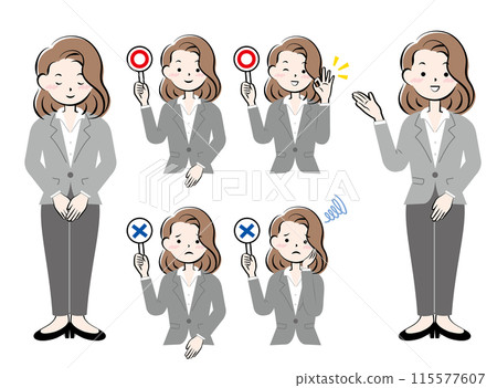 Set of women in suits bowing, guidance, yes or no 115577607